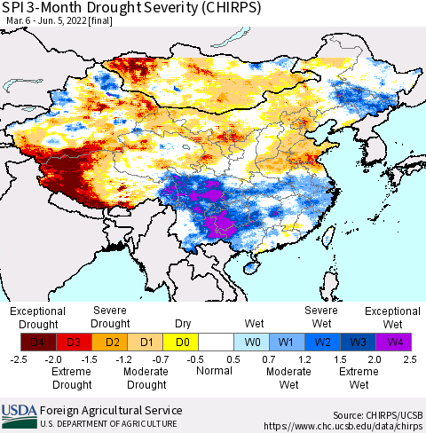 China, Mongolia and Taiwan SPI 3-Month Drought Severity (CHIRPS) Thematic Map For 3/6/2022 - 6/5/2022