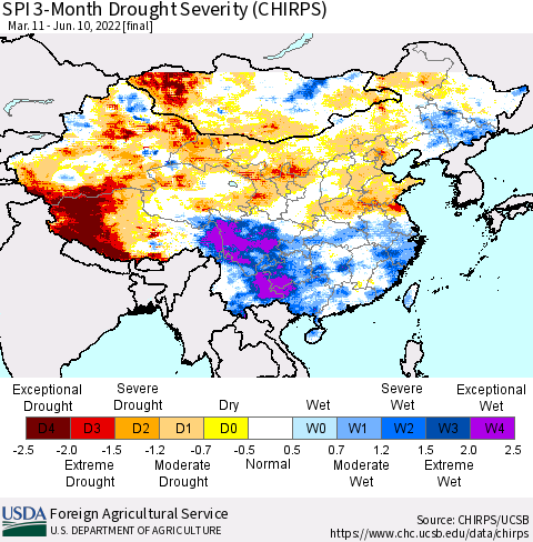 China, Mongolia and Taiwan SPI 3-Month Drought Severity (CHIRPS) Thematic Map For 3/11/2022 - 6/10/2022