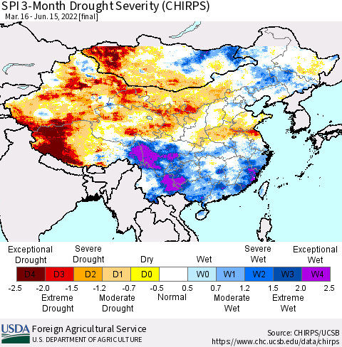 China, Mongolia and Taiwan SPI 3-Month Drought Severity (CHIRPS) Thematic Map For 3/16/2022 - 6/15/2022