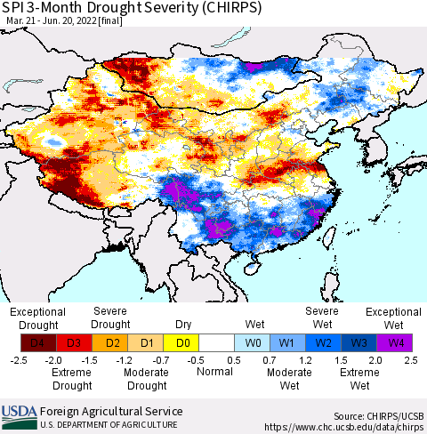 China, Mongolia and Taiwan SPI 3-Month Drought Severity (CHIRPS) Thematic Map For 3/21/2022 - 6/20/2022