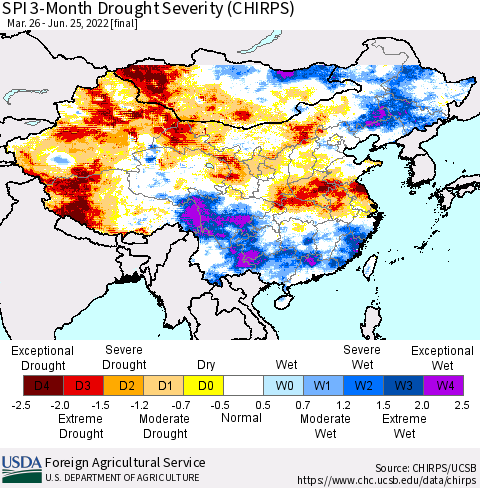 China, Mongolia and Taiwan SPI 3-Month Drought Severity (CHIRPS) Thematic Map For 3/26/2022 - 6/25/2022