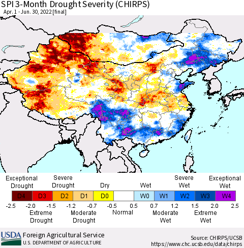 China, Mongolia and Taiwan SPI 3-Month Drought Severity (CHIRPS) Thematic Map For 4/1/2022 - 6/30/2022