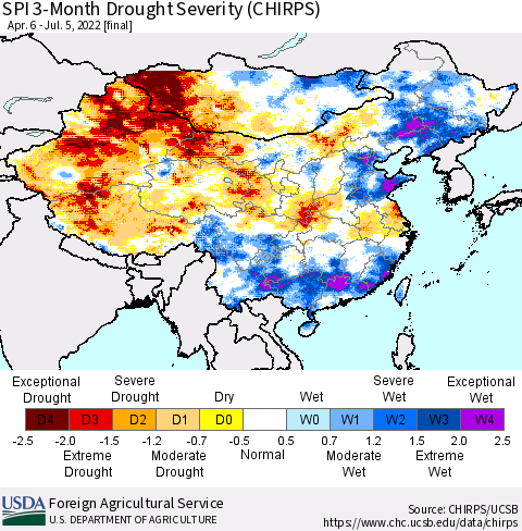 China, Mongolia and Taiwan SPI 3-Month Drought Severity (CHIRPS) Thematic Map For 4/6/2022 - 7/5/2022