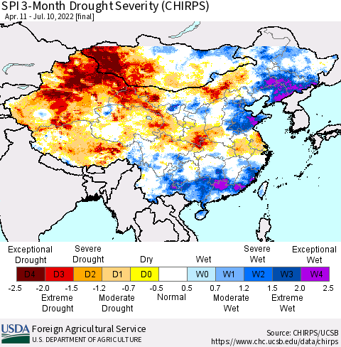 China, Mongolia and Taiwan SPI 3-Month Drought Severity (CHIRPS) Thematic Map For 4/11/2022 - 7/10/2022