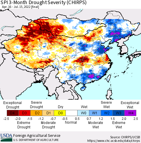 China, Mongolia and Taiwan SPI 3-Month Drought Severity (CHIRPS) Thematic Map For 4/16/2022 - 7/15/2022