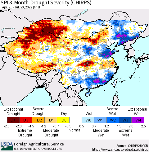 China, Mongolia and Taiwan SPI 3-Month Drought Severity (CHIRPS) Thematic Map For 4/21/2022 - 7/20/2022
