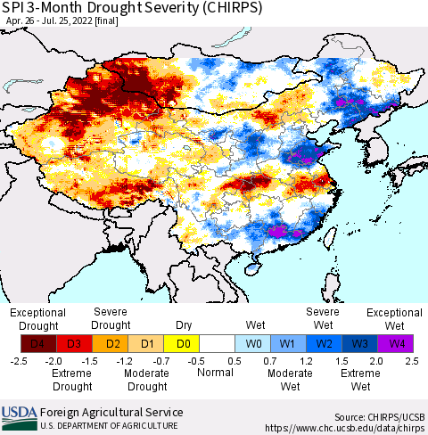 China, Mongolia and Taiwan SPI 3-Month Drought Severity (CHIRPS) Thematic Map For 4/26/2022 - 7/25/2022