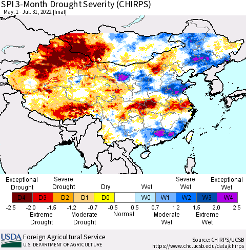 China, Mongolia and Taiwan SPI 3-Month Drought Severity (CHIRPS) Thematic Map For 5/1/2022 - 7/31/2022