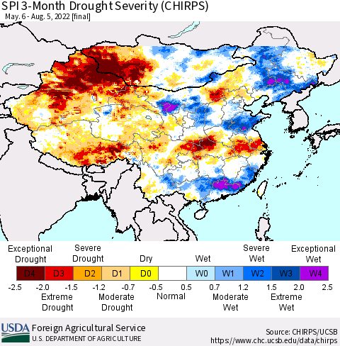 China, Mongolia and Taiwan SPI 3-Month Drought Severity (CHIRPS) Thematic Map For 5/6/2022 - 8/5/2022