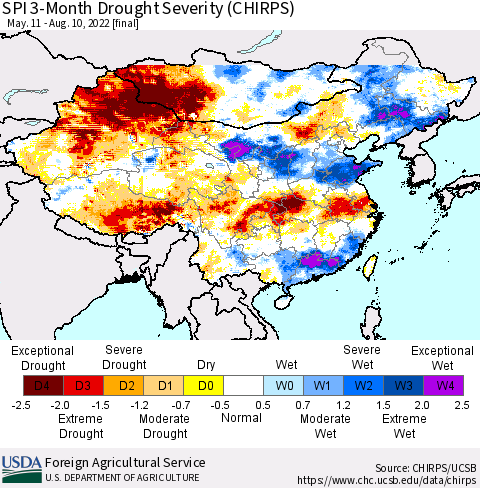 China, Mongolia and Taiwan SPI 3-Month Drought Severity (CHIRPS) Thematic Map For 5/11/2022 - 8/10/2022