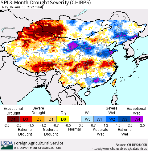 China, Mongolia and Taiwan SPI 3-Month Drought Severity (CHIRPS) Thematic Map For 5/16/2022 - 8/15/2022