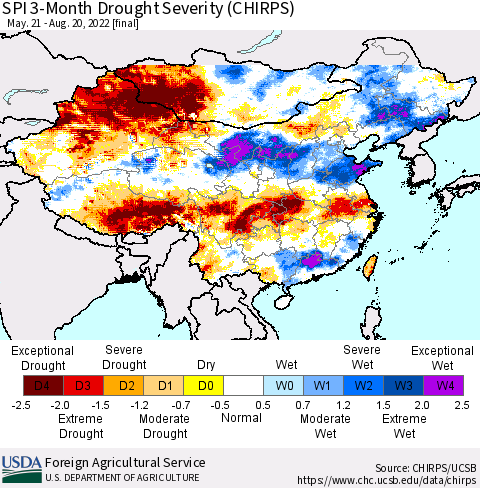 China, Mongolia and Taiwan SPI 3-Month Drought Severity (CHIRPS) Thematic Map For 5/21/2022 - 8/20/2022