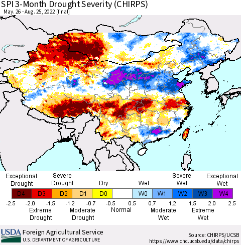 China, Mongolia and Taiwan SPI 3-Month Drought Severity (CHIRPS) Thematic Map For 5/26/2022 - 8/25/2022