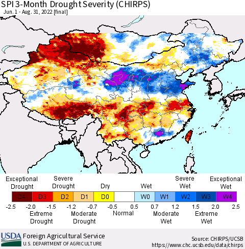 China, Mongolia and Taiwan SPI 3-Month Drought Severity (CHIRPS) Thematic Map For 6/1/2022 - 8/31/2022