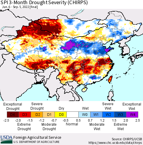 China, Mongolia and Taiwan SPI 3-Month Drought Severity (CHIRPS) Thematic Map For 6/6/2022 - 9/5/2022