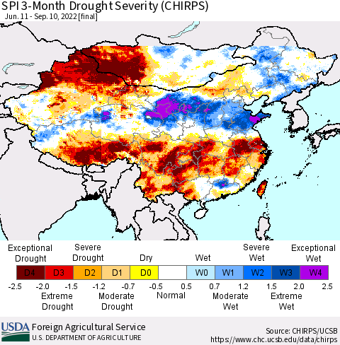 China, Mongolia and Taiwan SPI 3-Month Drought Severity (CHIRPS) Thematic Map For 6/11/2022 - 9/10/2022