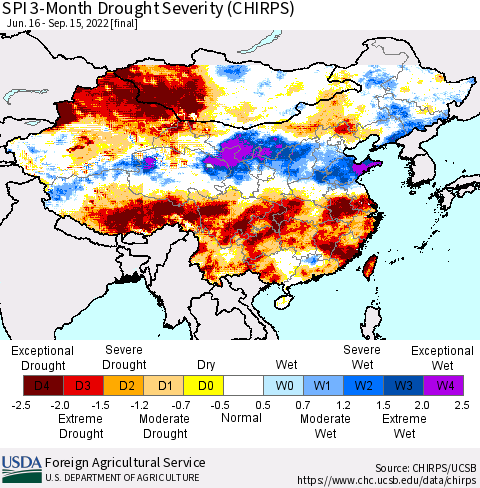 China, Mongolia and Taiwan SPI 3-Month Drought Severity (CHIRPS) Thematic Map For 6/16/2022 - 9/15/2022
