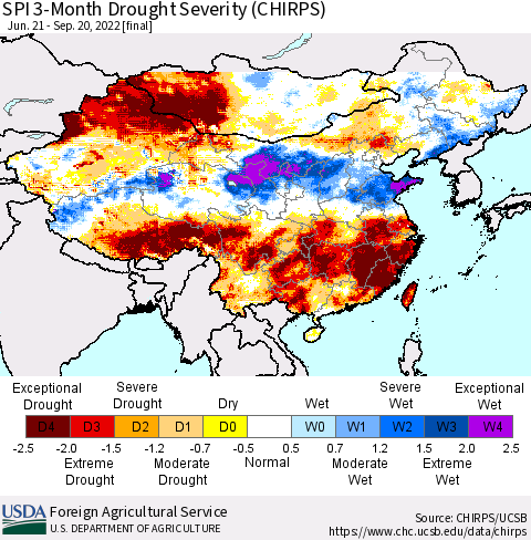 China, Mongolia and Taiwan SPI 3-Month Drought Severity (CHIRPS) Thematic Map For 6/21/2022 - 9/20/2022