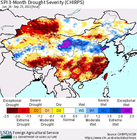 China, Mongolia and Taiwan SPI 3-Month Drought Severity (CHIRPS) Thematic Map For 6/26/2022 - 9/25/2022