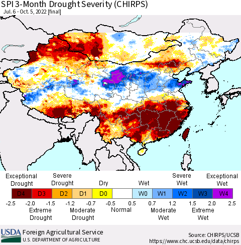 China, Mongolia and Taiwan SPI 3-Month Drought Severity (CHIRPS) Thematic Map For 7/6/2022 - 10/5/2022