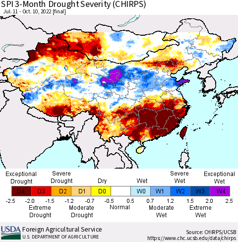 China, Mongolia and Taiwan SPI 3-Month Drought Severity (CHIRPS) Thematic Map For 7/11/2022 - 10/10/2022