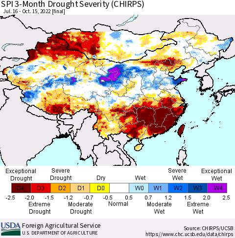 China, Mongolia and Taiwan SPI 3-Month Drought Severity (CHIRPS) Thematic Map For 7/16/2022 - 10/15/2022