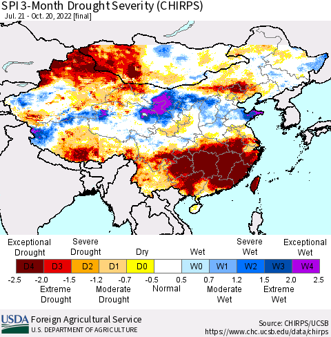 China, Mongolia and Taiwan SPI 3-Month Drought Severity (CHIRPS) Thematic Map For 7/21/2022 - 10/20/2022