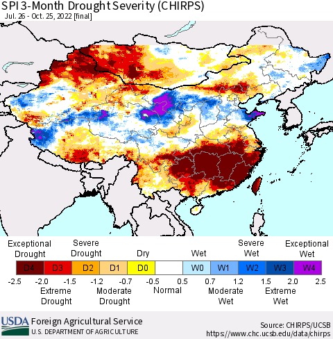 China, Mongolia and Taiwan SPI 3-Month Drought Severity (CHIRPS) Thematic Map For 7/26/2022 - 10/25/2022