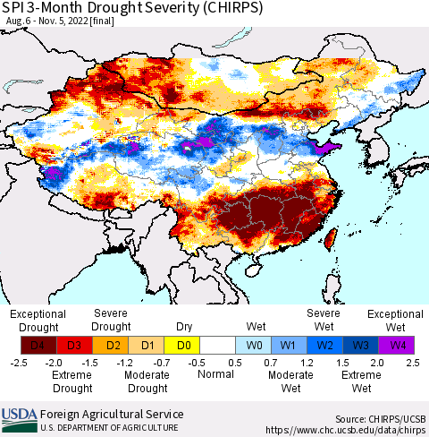 China, Mongolia and Taiwan SPI 3-Month Drought Severity (CHIRPS) Thematic Map For 8/6/2022 - 11/5/2022