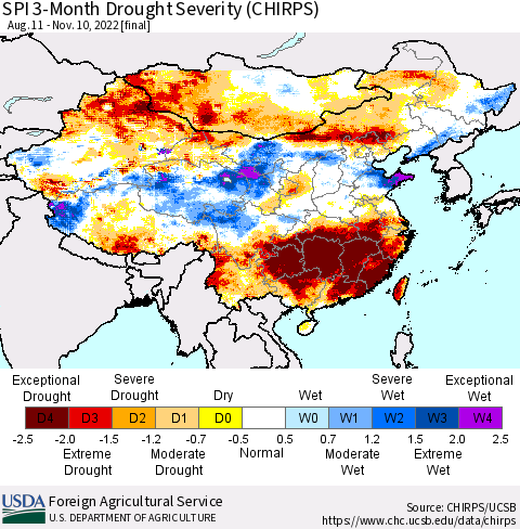 China, Mongolia and Taiwan SPI 3-Month Drought Severity (CHIRPS) Thematic Map For 8/11/2022 - 11/10/2022