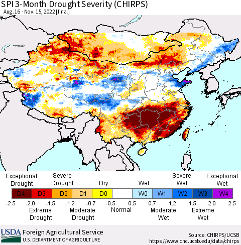 China, Mongolia and Taiwan SPI 3-Month Drought Severity (CHIRPS) Thematic Map For 8/16/2022 - 11/15/2022