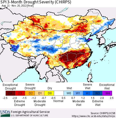 China, Mongolia and Taiwan SPI 3-Month Drought Severity (CHIRPS) Thematic Map For 8/21/2022 - 11/20/2022