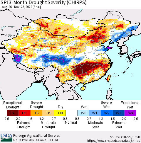 China, Mongolia and Taiwan SPI 3-Month Drought Severity (CHIRPS) Thematic Map For 8/26/2022 - 11/25/2022