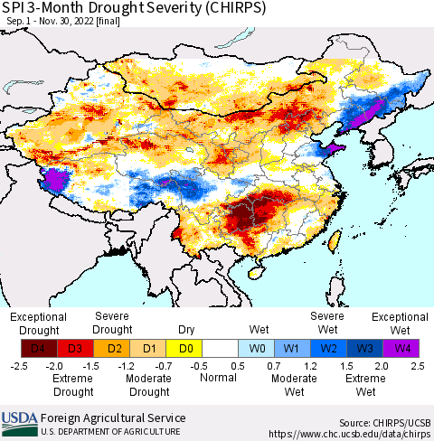China, Mongolia and Taiwan SPI 3-Month Drought Severity (CHIRPS) Thematic Map For 9/1/2022 - 11/30/2022