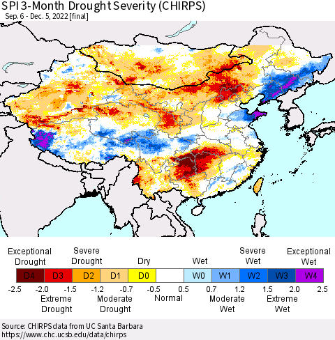 China, Mongolia and Taiwan SPI 3-Month Drought Severity (CHIRPS) Thematic Map For 9/6/2022 - 12/5/2022