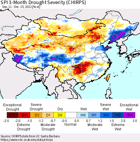 China, Mongolia and Taiwan SPI 3-Month Drought Severity (CHIRPS) Thematic Map For 9/11/2022 - 12/10/2022