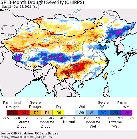 China, Mongolia and Taiwan SPI 3-Month Drought Severity (CHIRPS) Thematic Map For 9/16/2022 - 12/15/2022