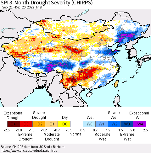 China, Mongolia and Taiwan SPI 3-Month Drought Severity (CHIRPS) Thematic Map For 9/21/2022 - 12/20/2022