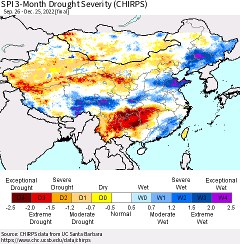 China, Mongolia and Taiwan SPI 3-Month Drought Severity (CHIRPS) Thematic Map For 9/26/2022 - 12/25/2022