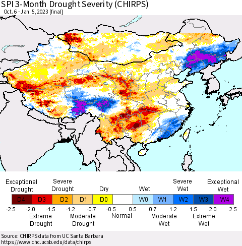 China, Mongolia and Taiwan SPI 3-Month Drought Severity (CHIRPS) Thematic Map For 10/6/2022 - 1/5/2023