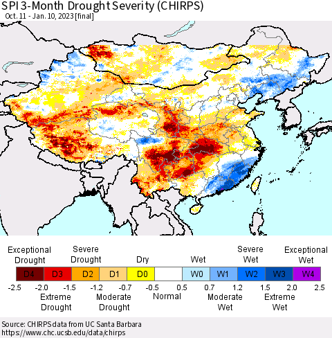 China, Mongolia and Taiwan SPI 3-Month Drought Severity (CHIRPS) Thematic Map For 10/11/2022 - 1/10/2023
