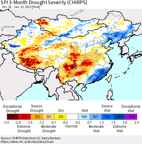 China, Mongolia and Taiwan SPI 3-Month Drought Severity (CHIRPS) Thematic Map For 10/16/2022 - 1/15/2023