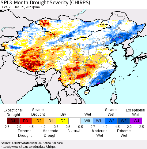China, Mongolia and Taiwan SPI 3-Month Drought Severity (CHIRPS) Thematic Map For 10/21/2022 - 1/20/2023