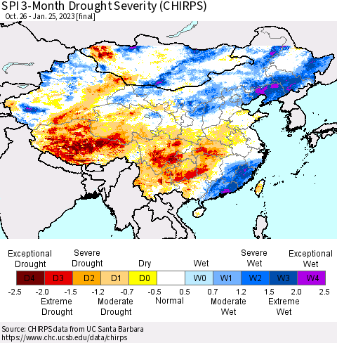 China, Mongolia and Taiwan SPI 3-Month Drought Severity (CHIRPS) Thematic Map For 10/26/2022 - 1/25/2023