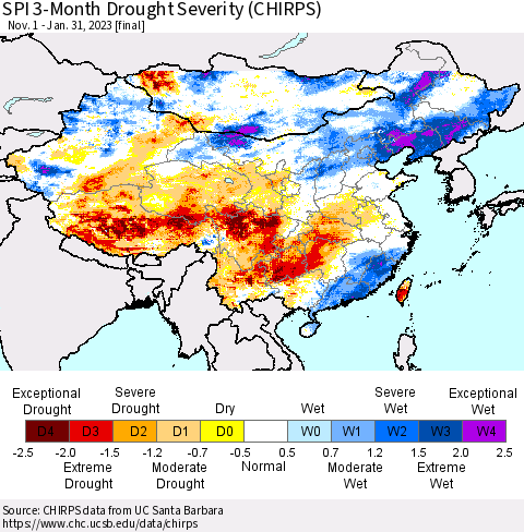 China, Mongolia and Taiwan SPI 3-Month Drought Severity (CHIRPS) Thematic Map For 11/1/2022 - 1/31/2023