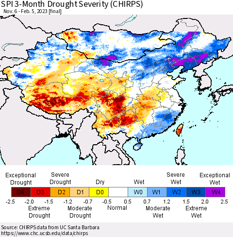 China, Mongolia and Taiwan SPI 3-Month Drought Severity (CHIRPS) Thematic Map For 11/6/2022 - 2/5/2023