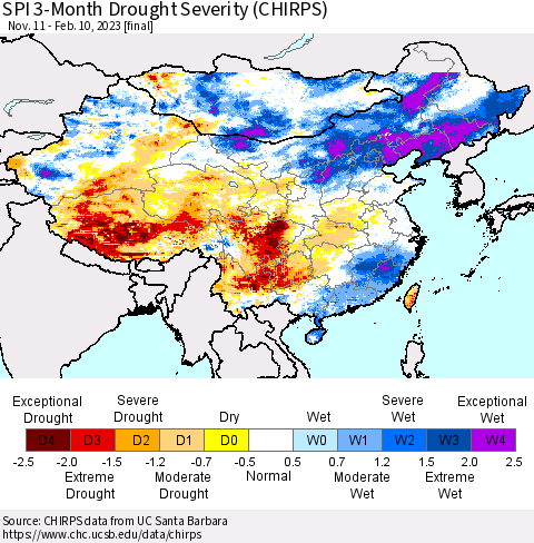 China, Mongolia and Taiwan SPI 3-Month Drought Severity (CHIRPS) Thematic Map For 11/11/2022 - 2/10/2023