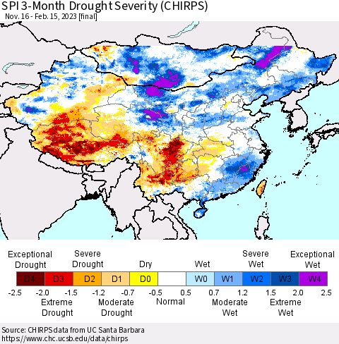 China, Mongolia and Taiwan SPI 3-Month Drought Severity (CHIRPS) Thematic Map For 11/16/2022 - 2/15/2023