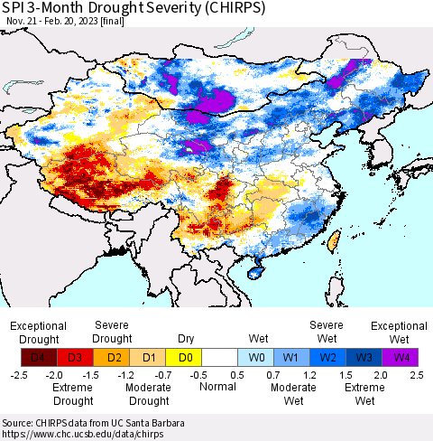 China, Mongolia and Taiwan SPI 3-Month Drought Severity (CHIRPS) Thematic Map For 11/21/2022 - 2/20/2023