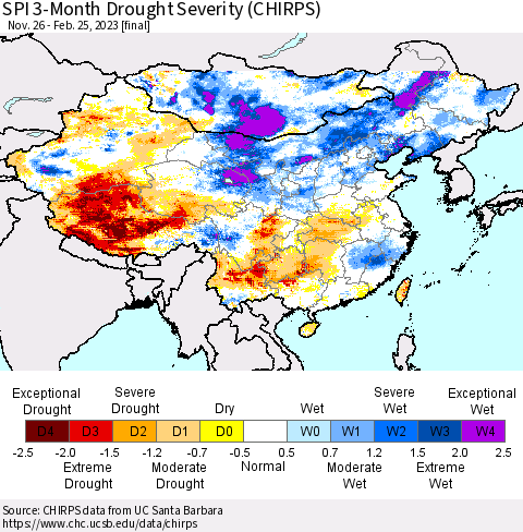 China, Mongolia and Taiwan SPI 3-Month Drought Severity (CHIRPS) Thematic Map For 11/26/2022 - 2/25/2023